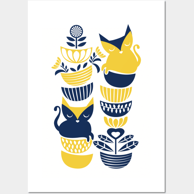 Swedish folk cats // navy blue and yellow kitties Wall Art by SelmaCardoso